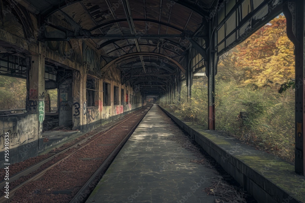 Abandoned rail station. Iron track design. Generate AI