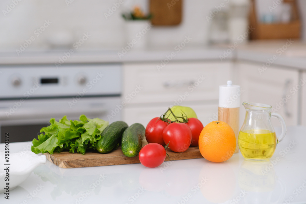Fresh Vegetables And Fruits On Kitchen Table, Modern Kitchen Interior Fresh Vegetables And Fruits On Kitchen Table, Modern Kitchen Interior