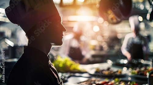 Silhouette of a professional chef, with the interior profile filled with a vibrant, busy kitchen scene