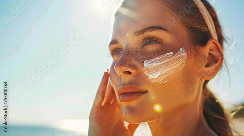 Woman applying a layer of sunscreen on her face, transitioning to her enjoying a sunny day outdoors