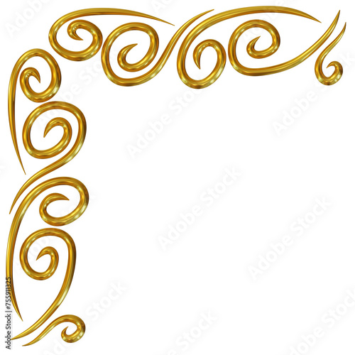 Golden corner decoration swirl shape. 3d rendering.