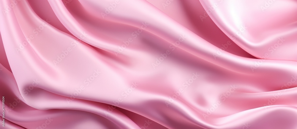 Fototapeta premium Pink silk satin fabric with a delicate wave texture. Festive vertical abstract fabric backdrop.
