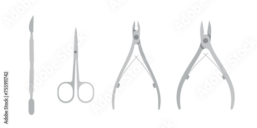 metal manicure tools, vector illustration for beauty school guide, nail care tutorial, traditional manicure and pedicure set
