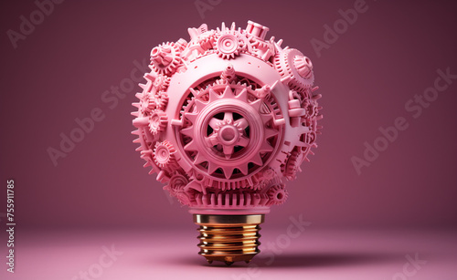 GIANT lightbulb made in small gears, pink background сreated with Generative Ai
