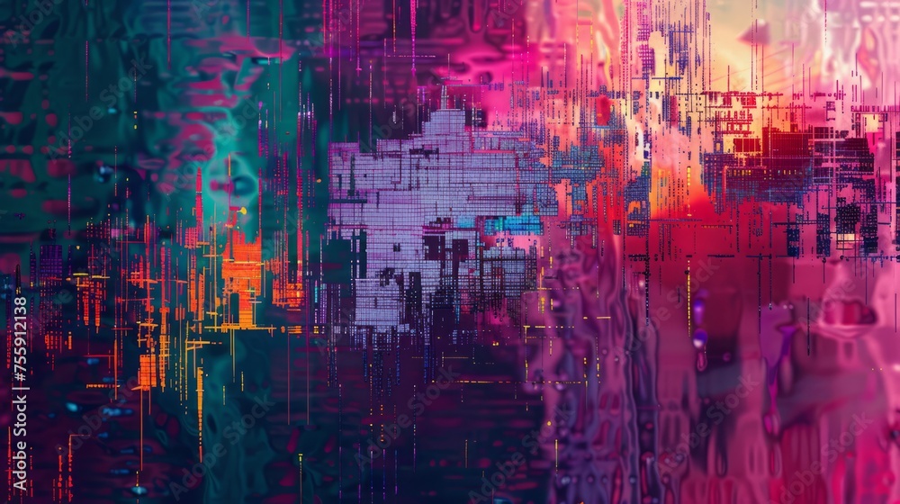 Vibrant Digital Abstract Artwork with Glitch Effect and Multicolored Distorted Pixel Patterns
