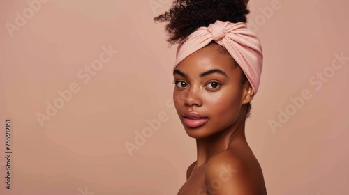 African American woman with curly hair against a beige background with a pink headband. Ideal skin, skin care products, beauty and health.