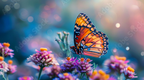 Monarch butterfly on purple wildflowers with dreamy bokeh © Paula