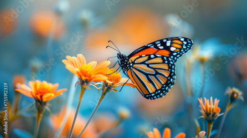 Monarch butterfly on orange flowers with a soft-focus background