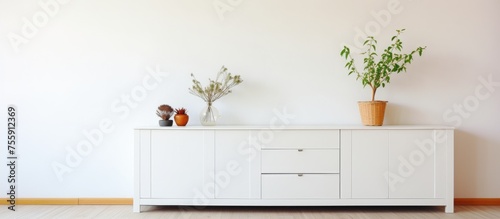 White cabinet and sideboard in living room with wooden floor, some drawers pulled out photo