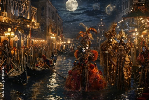 A grand Venetian carnival scene, elaborate masks and costumes, gondolas on the canal under moonlight. Resplendent. © Summit Art Creations