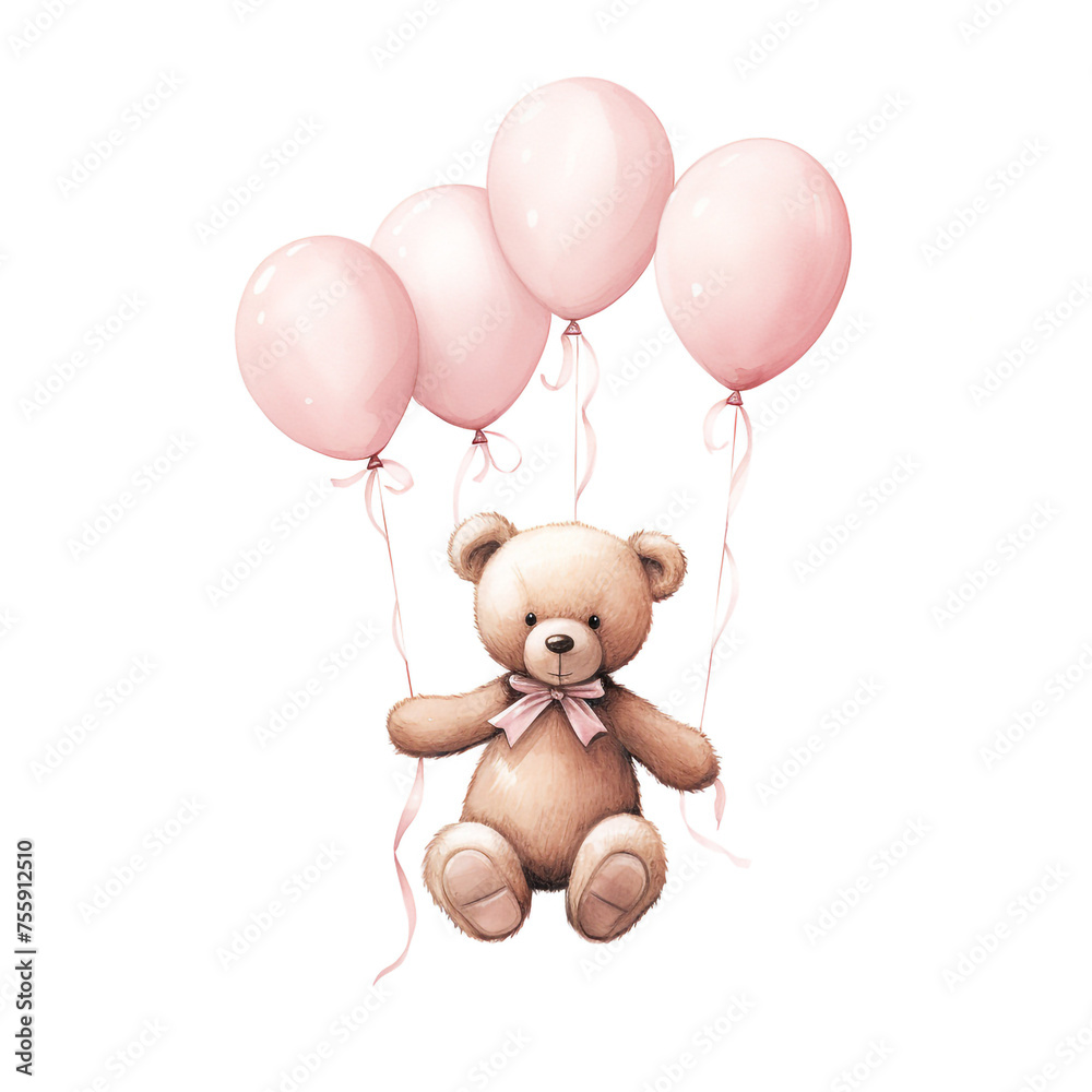 girl teddy bear hanging from three light pink color balloons, original hand drawing, watercolor сreated with Generative Ai