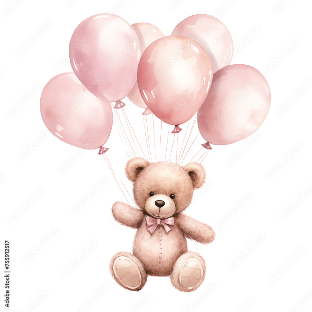 girl teddy bear hanging from three light pink color balloons, original hand drawing, watercolor сreated with Generative Ai girl teddy bear hanging from three light pink color balloons, original hand drawing, watercolor сreated with Generative Ai