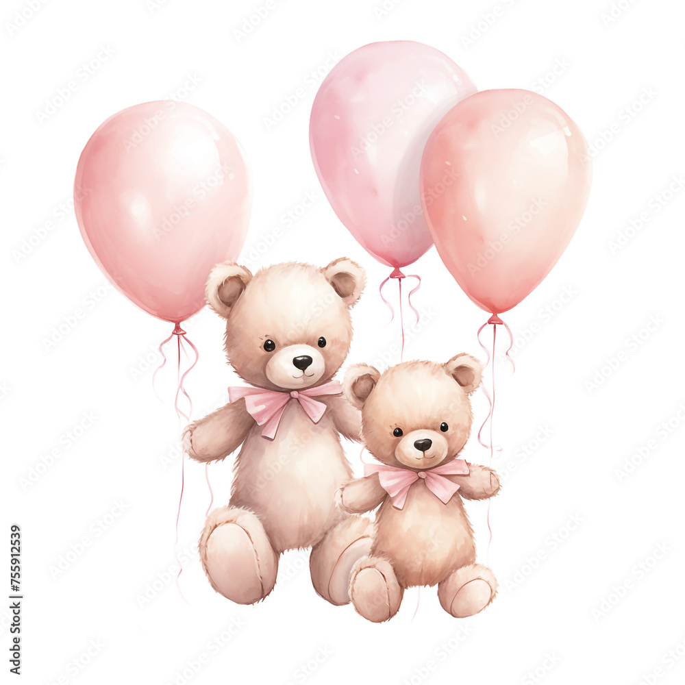 girl teddy bear hanging from three light pink color balloons, original hand drawing, watercolor сreated with Generative Ai girl teddy bear hanging from three light pink color balloons, original hand drawing, watercolor сreated with Generative Ai