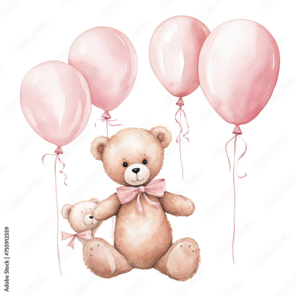 girl teddy bear hanging from three light pink color balloons, original hand drawing, watercolor сreated with Generative Ai girl teddy bear hanging from three light pink color balloons, original hand drawing, watercolor сreated with Generative Ai