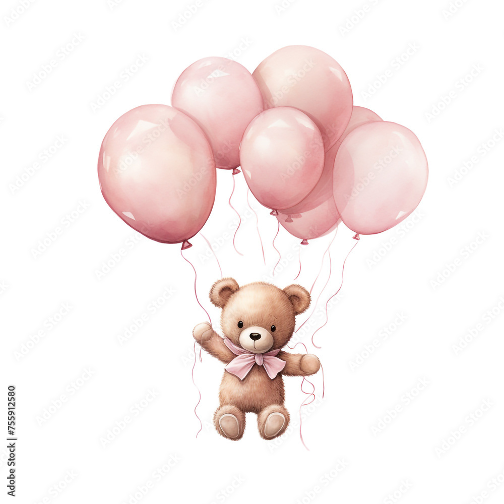 girl teddy bear hanging from three light pink color balloons, original hand drawing, watercolor сreated with Generative Ai girl teddy bear hanging from three light pink color balloons, original hand drawing, watercolor сreated with Generative Ai