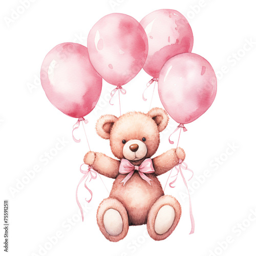girl teddy bear hanging from three light pink color balloons, original hand drawing, watercolor сreated with Generative Ai