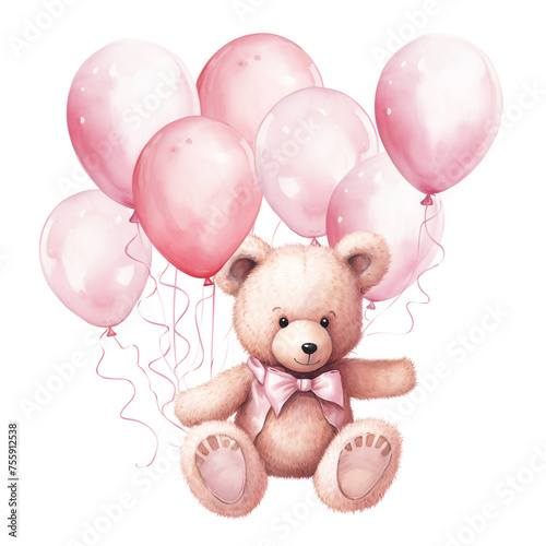 girl teddy bear hanging from three light pink color balloons, original hand drawing, watercolor сreated with Generative Ai