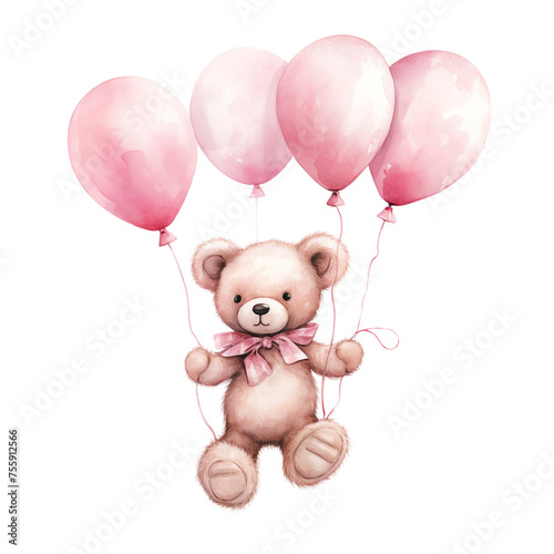 girl teddy bear hanging from three light pink color balloons, original hand drawing, watercolor сreated with Generative Ai © Andrii Yablonskyi