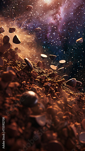 Chocolate cookies explode in a cosmic dance, surrounded by a galaxy of cocoa dust and crumbs.
