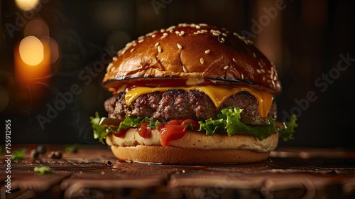 Delicious burger, with meat and fresh vegetables. Studio shot.