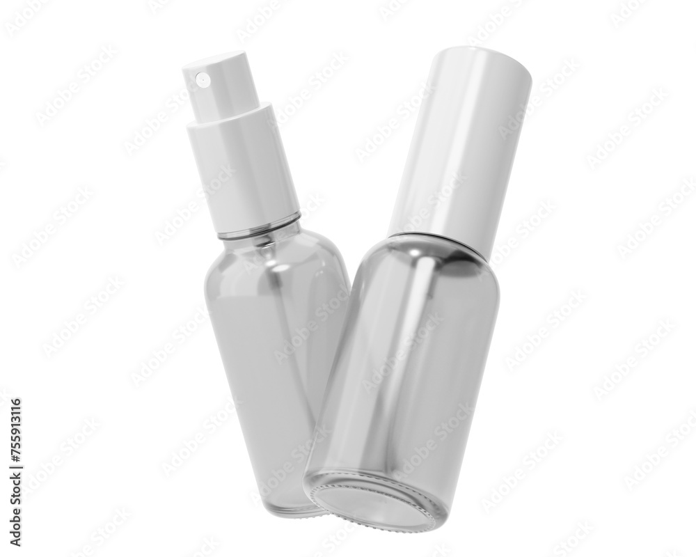 Blank white clear glass cosmetic spray bottle Isolated On Transparent Background. cosmetic packaging. 3D Render. Blank white clear glass cosmetic spray bottle Isolated On Transparent Background. cosmetic packaging. 3D Render.