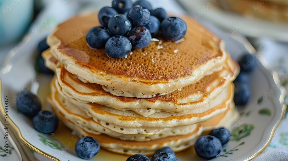 Delicious pancakes with honey and blueberries. Delicious pancakes with honey and blueberries.