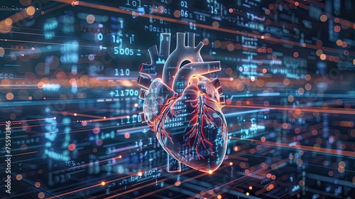 Illustration, representation of a human heart on a background with electronic and futuristic graphics, metadata and cybernetic connections. © MiguelAngel