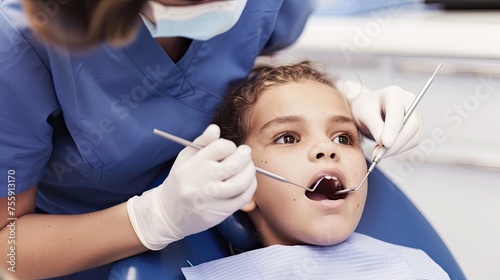 A young boy being examined by a dental professional.