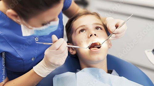 A young boy being examined by a dental professional.