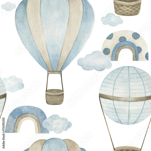 Watercolor baby seamless pattern with hot air balloon, stars and kite. Hand drawn cute illustration on white background