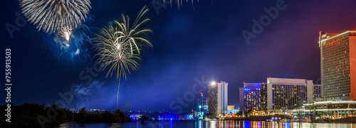 Spectacular Celebration: 4K Ultra HD Image of Fireworks and Reflection on Colorado River at Laughlin, Nevada, USA photo