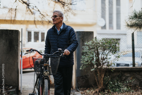 Active elderly gentleman out for a walk, holding his bicycle in the city. Capturing the concept of healthy aging and urban lifestyle.