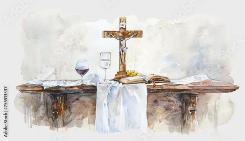 watercolor illustration of a holy and breathtaking table with a white linen cloth, bible, and wine glass on it a cross is in the middle of the picture against a white background Generative AI