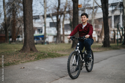 A cheerful young boy riding his bicycle outdoors, enjoying the freedom and happiness of a carefree childhood in a green urban park.