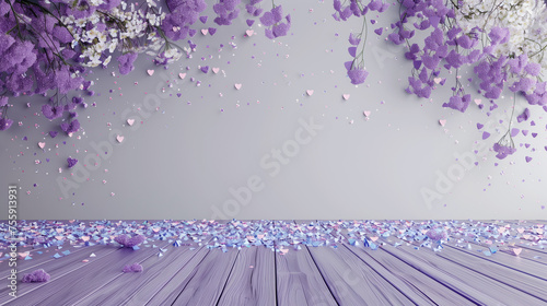 White and purple lilacs flowers in front of blue wall  minimalistic design.. Love celebration  birthday  wedding  womens day  mothers day . Horizontal banner