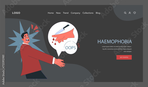Hemophobia web banner or landing page dark or night mode. Human's
