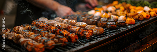 Anonymous person cooking assorted meats,
Bbq with kebab cooking coal grill of chicken meat skewers with mushroom and peppers  photo