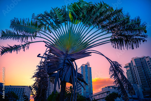 .Travelers Palm Tree or Ravenala Palm, fan-shaped pattern like a peacock's tail, standing enormously huge over the buildings in San Juan, Puerto Rico, impressive tropical landscape. © Naya Na