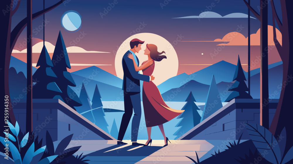 Romantic Couple Embracing Under a Full Moon in a Mountain Forest