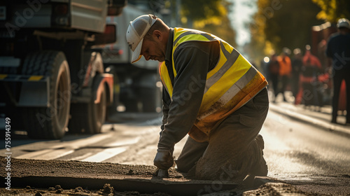 A man in a hard hat patches up potholes on the road with asphalt, ensuring smooth and safe travel for drivers. photo