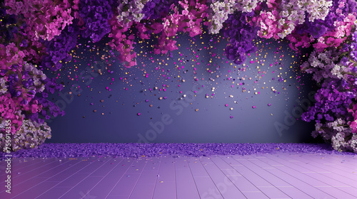 Blossoming pink lilacs flowers in front of purple wall  minimalistic design.. Love celebration  birthday  wedding  womens day  mothers day . Horizontal banner