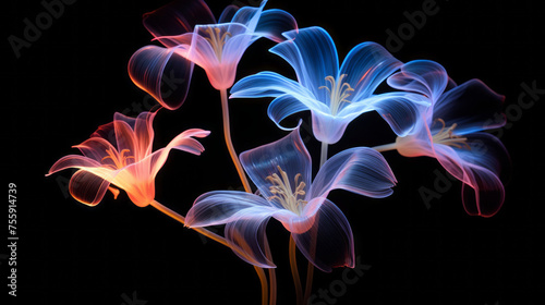 Neon Flowers light drawing. Artistic, dramatic, flair lines on black background