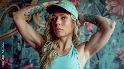 Portrait of a strong blonde woman with long wavy hair wearing a light green baseball cap. Active lifestyle, health and beauty.