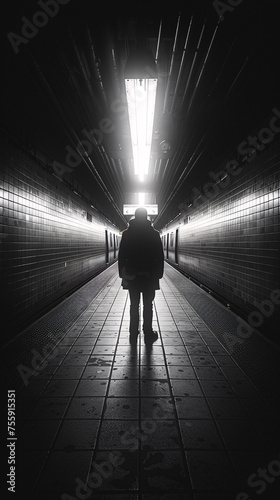 Person stands in a dimly lit, long tunnel with light at the end photo