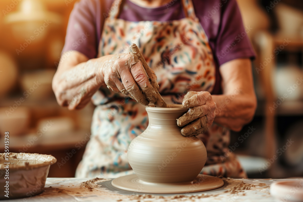 Closeup of hands throwing pottery on the potter's wheel - AI Generated Closeup of hands throwing pottery on the potter's wheel - AI Generated