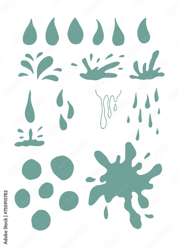 Fototapeta premium Water drops of different shapes, splashes set. Liquid droplets isolated on white background. Vector illustration.