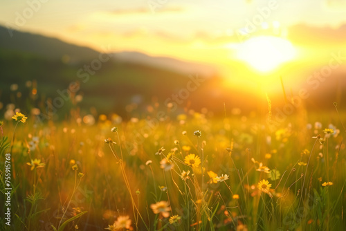 Meadow landscape with herbs close ups at sunrise - AI Generated © mbruxelle