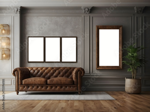 A set of empty frame mockups with a leather-wrapped border, adds a rich texture to a classic interior design.