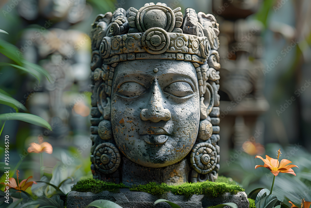 A sculpture of a woman, wearing a crown, stands in a temple garden as a monument of art. The eyecatching statue is a stunning lawn ornament made from terrestrial plants and other artifacts