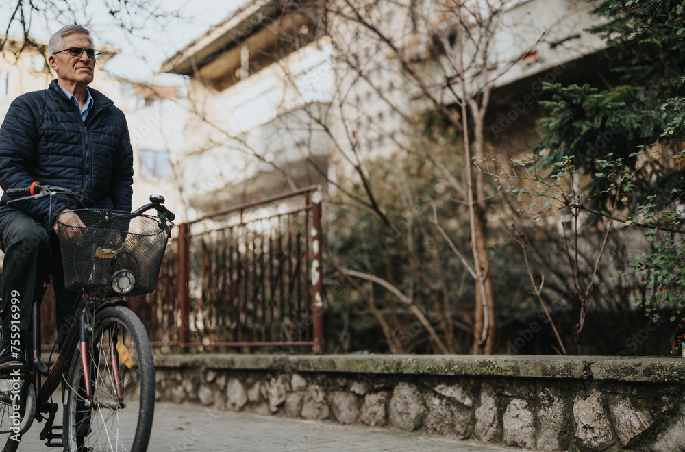 Obraz premium An elderly gentleman cycling through a serene urban park, exuding tranquility and active lifestyle vibes. A leisurely day outdoors.